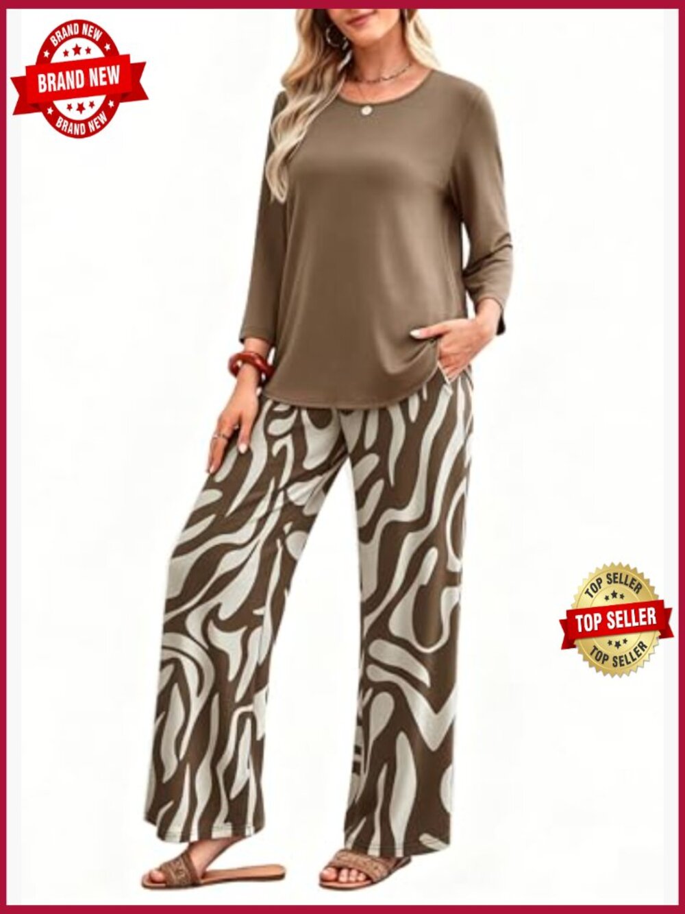 3/4 Sleeve Graphic Tee and Pants Lounge Set with Pockets - Picture 4 of 7